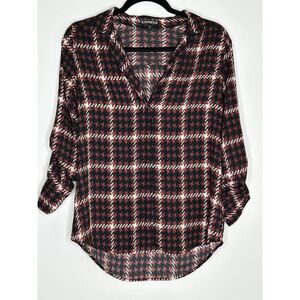 Express Button Down Red Black Plaid Print Top Shirt Blouse Size S